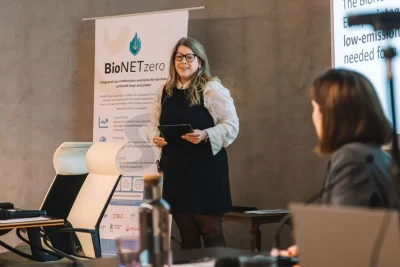 Project Coordinator Amy Brunsvold-Hellemans (SINTEF Energy Research) introduces BioNETzero at the project’s regional Spanish event. Photo: CSIC-INCAR